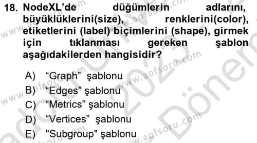 Sosyal Ağ Analizi Dersi 2023 - 2024 Yılı (Final) Dönem Sonu Sınavı 18. Soru