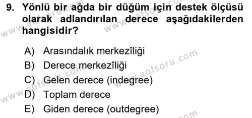 Sosyal Ağ Analizi Dersi 2023 - 2024 Yılı (Final) Dönem Sonu Sınavı 9. Soru