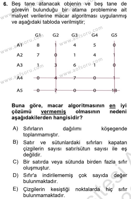 Yöneylem Araştırması Dersi 2022 - 2023 Yılı (Final) Dönem Sonu Sınavı 6. Soru