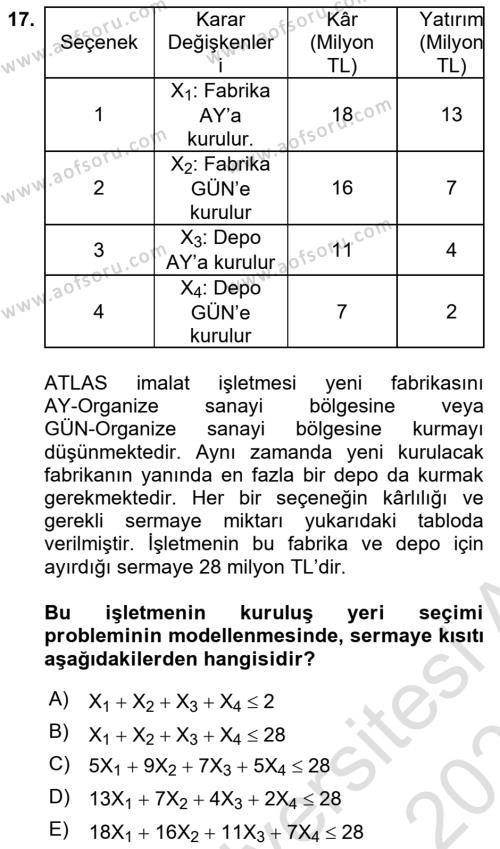 Yöneylem Araştırması Dersi 2022 - 2023 Yılı Yaz Okulu Sınavı 17. Soru