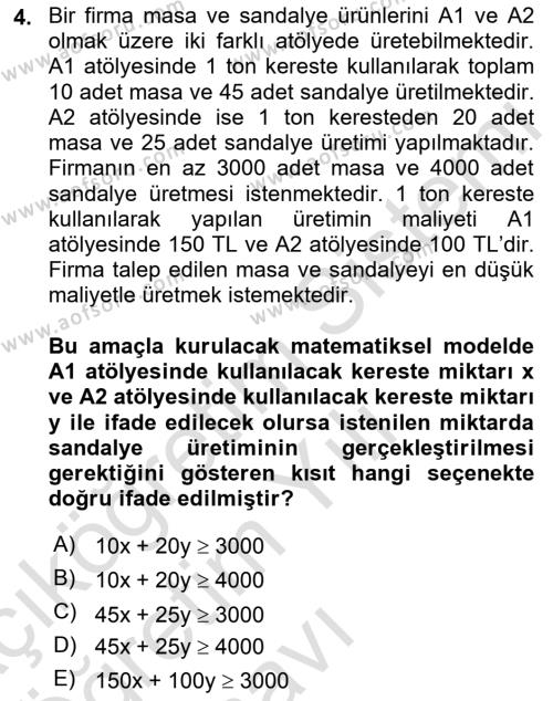 Yöneylem Araştırması Dersi 2022 - 2023 Yılı Yaz Okulu Sınavı 4. Soru