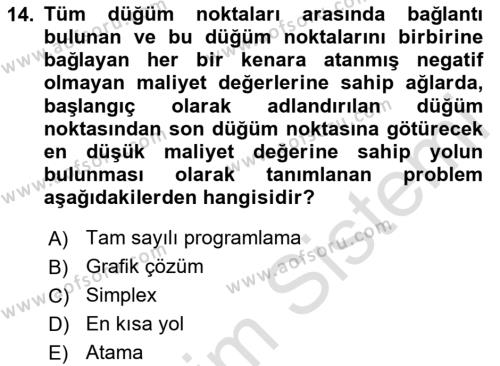 Yöneylem Araştırması Dersi 2023 - 2024 Yılı Yaz Okulu Sınavı 14. Soru