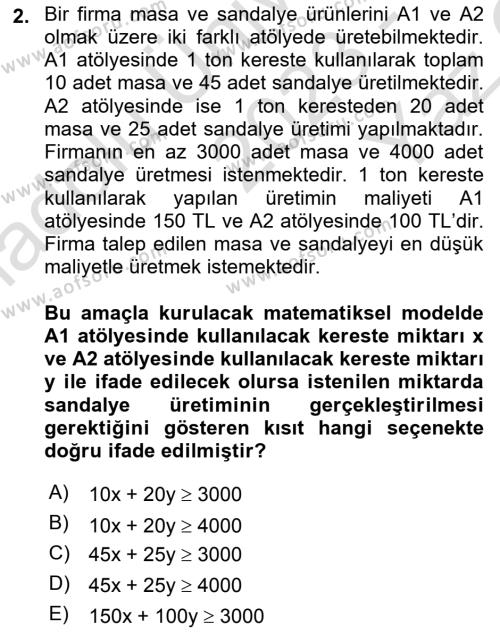 Yöneylem Araştırması Dersi 2023 - 2024 Yılı Yaz Okulu Sınavı 2. Soru