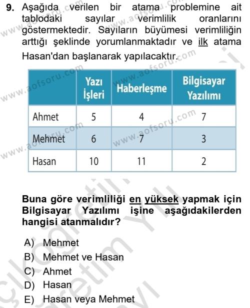 Yöneylem Araştırması Dersi 2023 - 2024 Yılı Yaz Okulu Sınavı 9. Soru