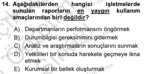 Karar Destek Sistemleri Dersi 2020 - 2021 Yılı Yaz Okulu Sınavı 14. Soru