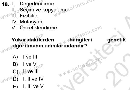 Karar Destek Sistemleri Dersi 2020 - 2021 Yılı Yaz Okulu Sınavı 18. Soru