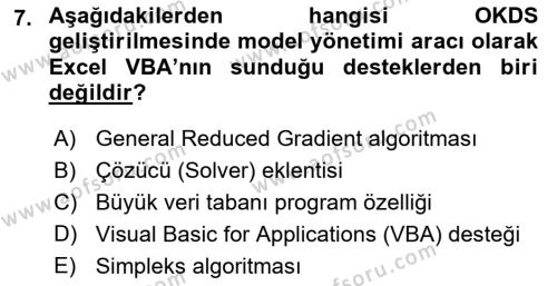 Karar Destek Sistemleri Dersi 2021 - 2022 Yılı (Final) Dönem Sonu Sınavı 7. Soru