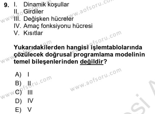 Karar Destek Sistemleri Dersi 2021 - 2022 Yılı Yaz Okulu Sınavı 9. Soru