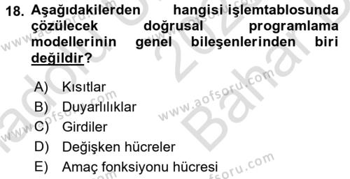 Karar Destek Sistemleri Dersi 2023 - 2024 Yılı (Vize) Ara Sınavı 18. Soru