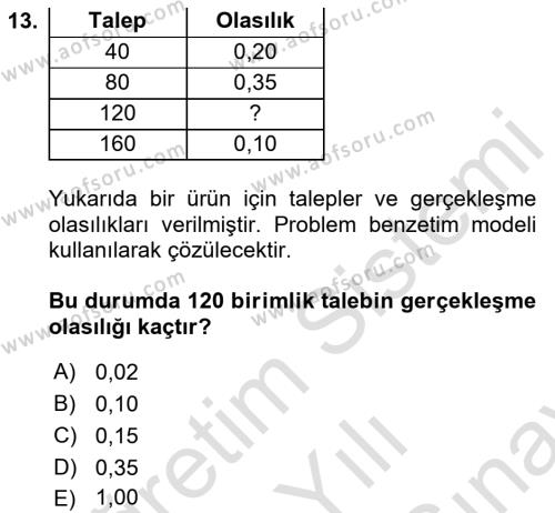 Karar Destek Sistemleri Dersi 2023 - 2024 Yılı (Final) Dönem Sonu Sınavı 13. Soru