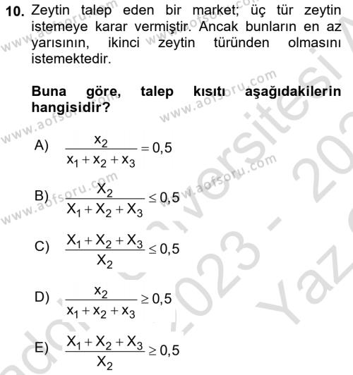 Karar Destek Sistemleri Dersi 2023 - 2024 Yılı Yaz Okulu Sınavı 10. Soru