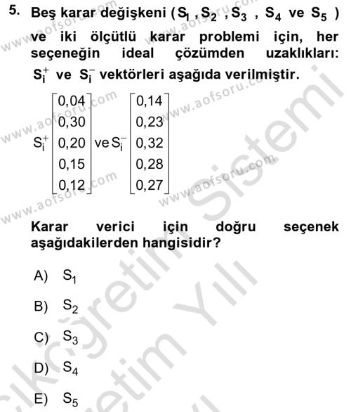 Karar Destek Sistemleri Dersi 2023 - 2024 Yılı Yaz Okulu Sınavı 5. Soru