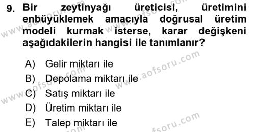 Karar Destek Sistemleri Dersi 2023 - 2024 Yılı Yaz Okulu Sınavı 9. Soru