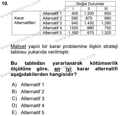 Karar Modelleri Dersi 2019 - 2020 Yılı (Vize) Ara Sınavı 10. Soru