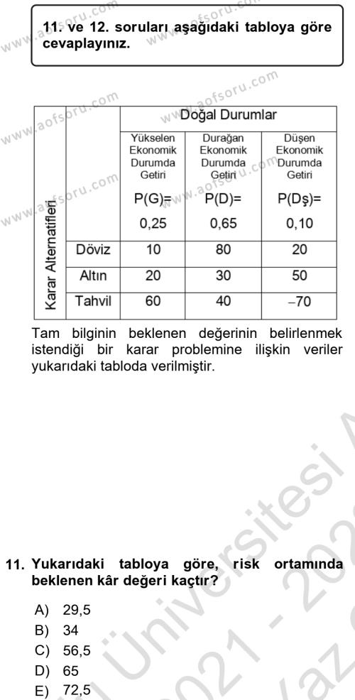 Karar Modelleri Dersi 2021 - 2022 Yılı Yaz Okulu Sınavı 11. Soru