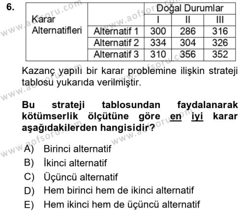 Karar Modelleri Dersi 2022 - 2023 Yılı Yaz Okulu Sınavı 6. Soru