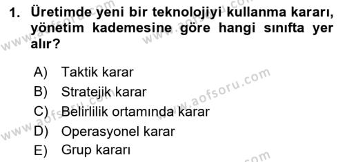 Karar Modelleri Dersi 2023 - 2024 Yılı (Vize) Ara Sınavı 1. Soru