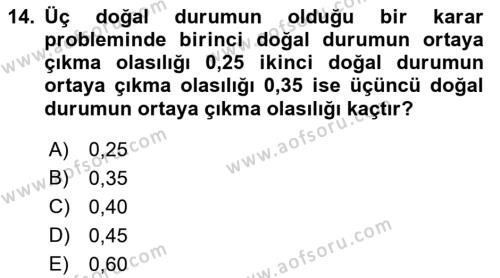 Karar Modelleri Dersi 2023 - 2024 Yılı (Vize) Ara Sınavı 14. Soru