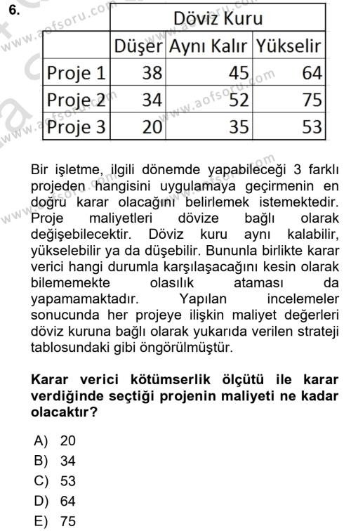 Karar Modelleri Dersi 2023 - 2024 Yılı (Vize) Ara Sınavı 6. Soru