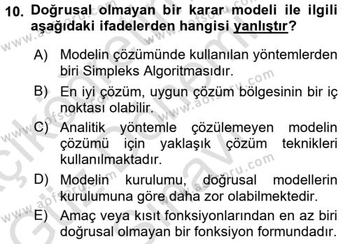 Karar Modelleri Dersi 2023 - 2024 Yılı (Final) Dönem Sonu Sınavı 10. Soru