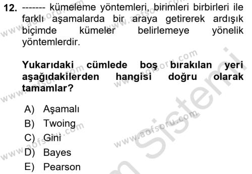 Veri Madenciliği Dersi 2023 - 2024 Yılı (Final) Dönem Sonu Sınavı 12. Soru