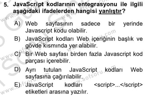 İnternet Ve Web Programlama Dersi 2022 - 2023 Yılı (Final) Dönem Sonu Sınavı 5. Soru