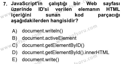 İnternet Ve Web Programlama Dersi 2022 - 2023 Yılı (Final) Dönem Sonu Sınavı 7. Soru