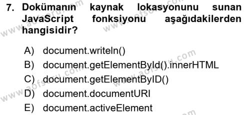 İnternet Ve Web Programlama Dersi 2023 - 2024 Yılı (Final) Dönem Sonu Sınavı 7. Soru