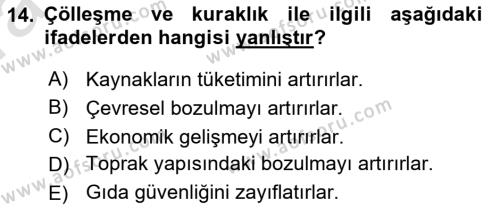 Çevre Bilimleri Dersi 2021 - 2022 Yılı (Vize) Ara Sınavı 14. Soru