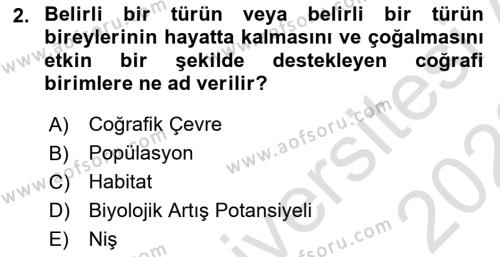 Çevre Bilimleri Dersi 2021 - 2022 Yılı (Vize) Ara Sınavı 2. Soru