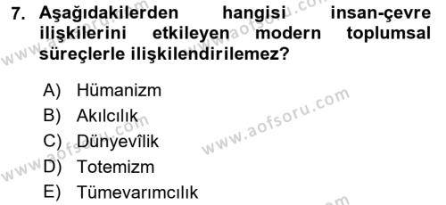 Çevre Bilimleri Dersi 2021 - 2022 Yılı (Vize) Ara Sınavı 7. Soru