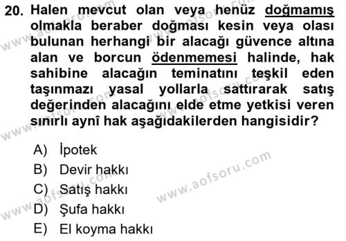 Belediye, İmar ve Gayrimenkul Mevzuatı Dersi 2021 - 2022 Yılı (Final) Dönem Sonu Sınavı 20. Soru