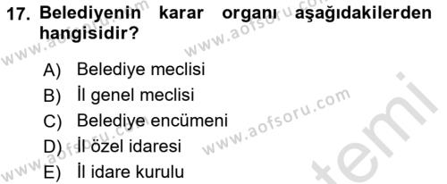 Belediye, İmar ve Gayrimenkul Mevzuatı Dersi 2021 - 2022 Yılı Yaz Okulu Sınavı 17. Soru