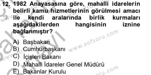 Mahalli İdareler Dersi 2012 - 2013 Yılı (Vize) Ara Sınavı 12. Soru