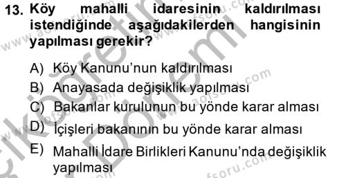 Mahalli İdareler Dersi 2013 - 2014 Yılı (Vize) Ara Sınavı 13. Soru