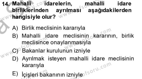 Mahalli İdareler Dersi 2013 - 2014 Yılı (Vize) Ara Sınavı 14. Soru