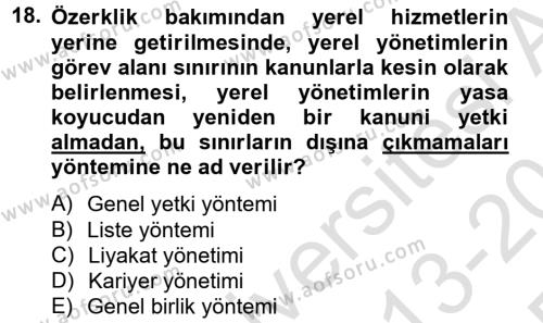 Mahalli İdareler Dersi 2013 - 2014 Yılı Tek Ders Sınavı 18. Soru