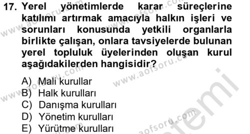 Mahalli İdareler Dersi 2014 - 2015 Yılı Tek Ders Sınavı 17. Soru