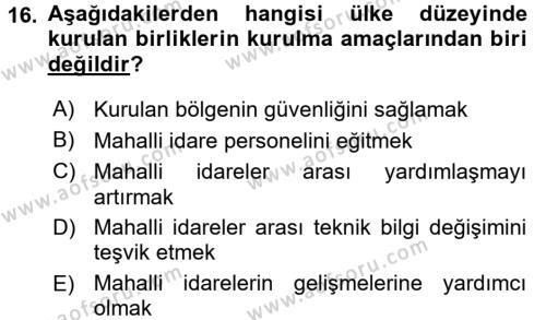 Mahalli İdareler Dersi 2015 - 2016 Yılı (Vize) Ara Sınavı 16. Soru