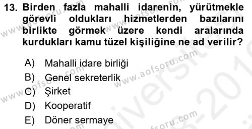 Mahalli İdareler Dersi 2018 - 2019 Yılı (Vize) Ara Sınavı 13. Soru