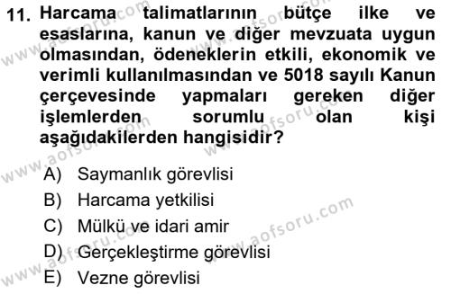 Mahalli İdareler Dersi 2020 - 2021 Yılı Yaz Okulu Sınavı 11. Soru