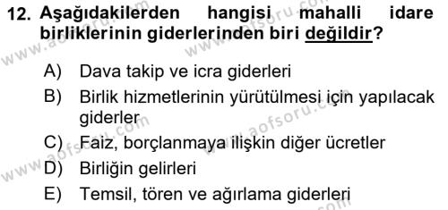 Mahalli İdareler Dersi 2021 - 2022 Yılı (Vize) Ara Sınavı 12. Soru