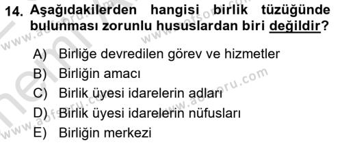 Mahalli İdareler Dersi 2021 - 2022 Yılı (Vize) Ara Sınavı 14. Soru