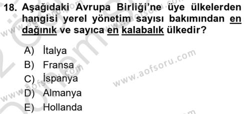 Mahalli İdareler Dersi 2021 - 2022 Yılı (Final) Dönem Sonu Sınavı 18. Soru