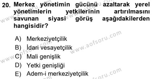 Mahalli İdareler Dersi 2021 - 2022 Yılı (Final) Dönem Sonu Sınavı 20. Soru