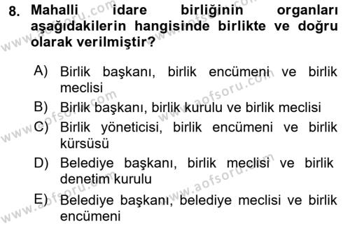 Mahalli İdareler Dersi 2022 - 2023 Yılı Yaz Okulu Sınavı 8. Soru