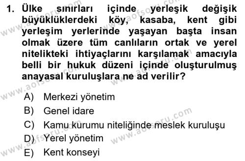 Mahalli İdareler Dersi 2023 - 2024 Yılı (Vize) Ara Sınavı 1. Soru