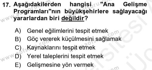 Şehircilik Dersi 2017 - 2018 Yılı 3 Ders Sınavı 17. Soru