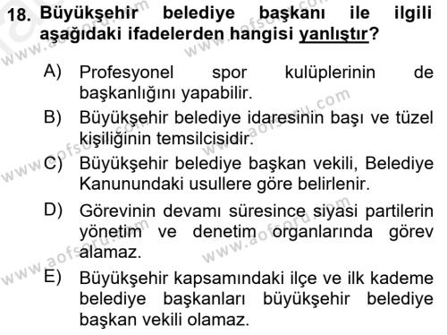 Şehircilik Dersi 2017 - 2018 Yılı 3 Ders Sınavı 18. Soru